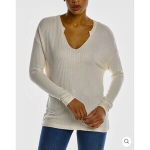 Chaser Vintage Cream Thermal Raw Split Neck Long Sleeve Soft Stretchy Top S